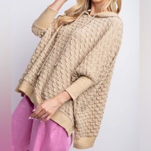 EUC🤎Easel Puffed Textured Hacci Knit Hooded Top Small Khaki Oversized